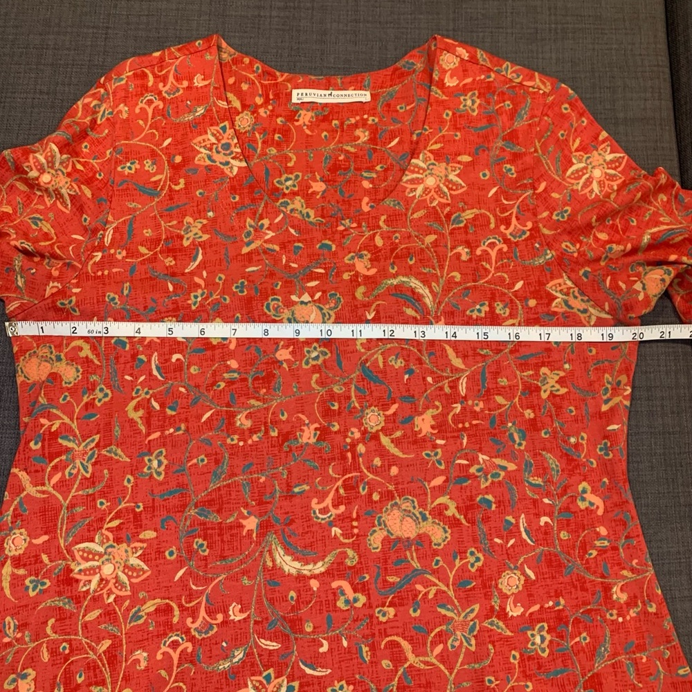 Peruvian Connection Artemis Tunic Shirt Women’s Size Large Floral Short Sleeve - Picture 8 of 9
